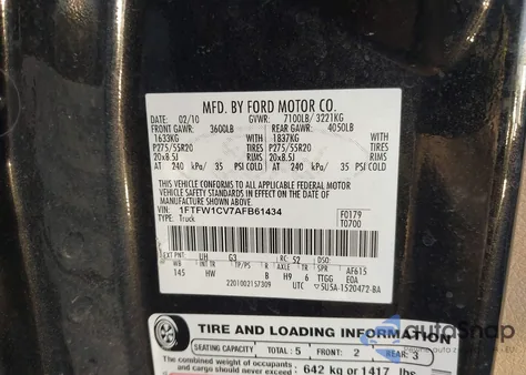 2010 Ford F-150 Fx2 Sport/Harley-Davidson/King Ranch/Lariat/Platinum/Xl/Xlt z USA, uszkodzony, nr VIN 1FTFW1CV7AFB61434